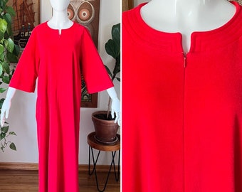 70s Vintage VANITY FAIR Red Velour Robe, Zip Front, Bell Sleeve, Size XL