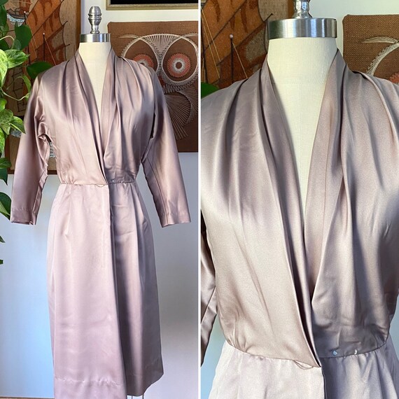 70s Does 50s Vintage AYRES by E. EYSEN Taupe Satin Wrap Dress | Etsy