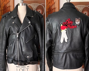 Vintage USA Bikers Dream Apparel Black Leather Biker Jacket with Wolf Rose and Lady Rider Patches, XL