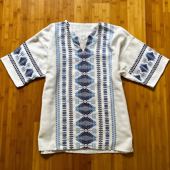 70s Vintage Style Mexican Blue Embroidered White … - image 1