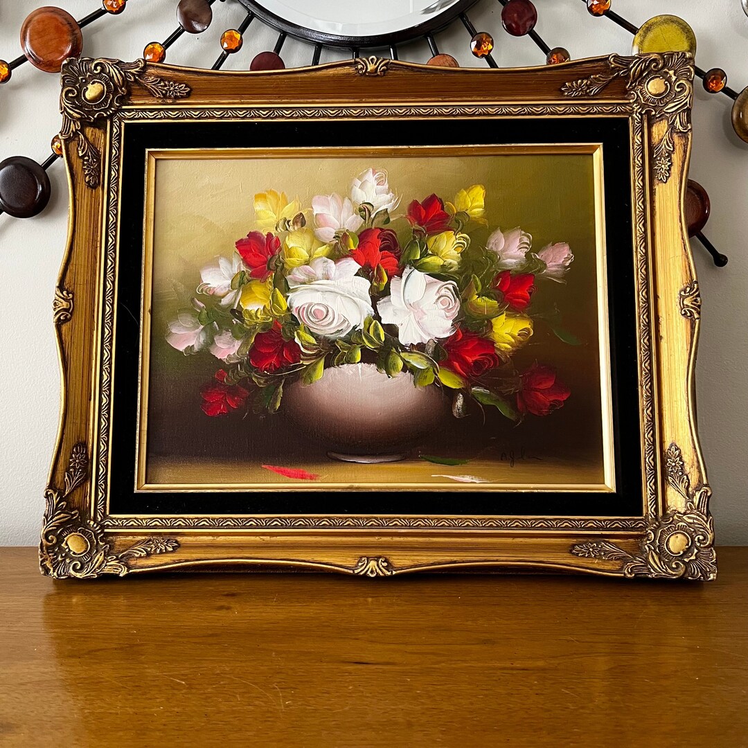 Victorian Style Rose Vase Oil Painting With Velvet Gold Gilded Frame 18 ...