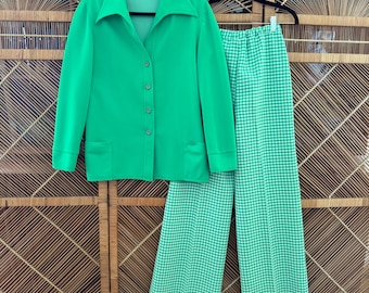 70s Vintage PERSONAL by Leslie Fay Green Tunic Jacket and Gingham Pants Suit Matching Set Size Small to Medium Leisure Suit