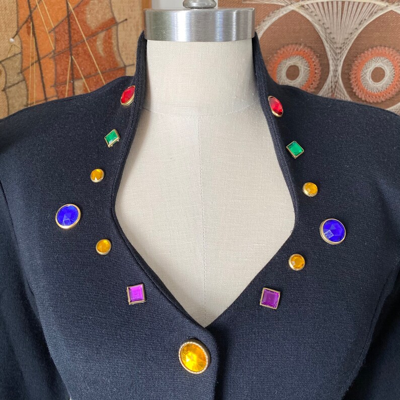 Size XS to Small 80s 90s Vintage Dawn Joy Fashions Black Multicolor Jeweled Long Sleeve Sheath Dress