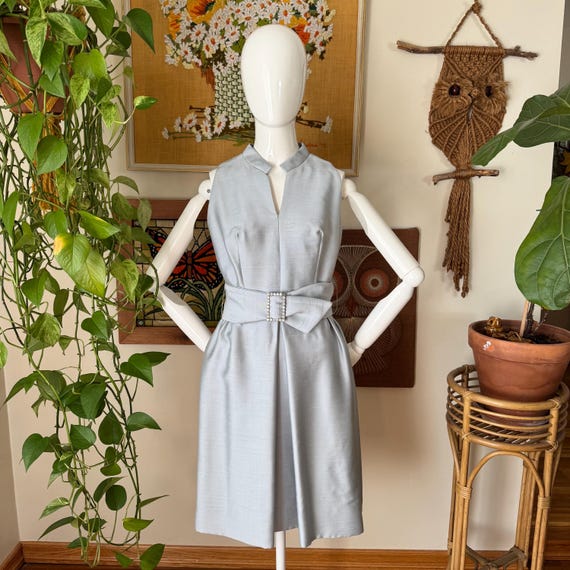 60s Vintage Light Blue Raw Silk Cocktail Dress with Wide Rhinestone Belt Size Xs