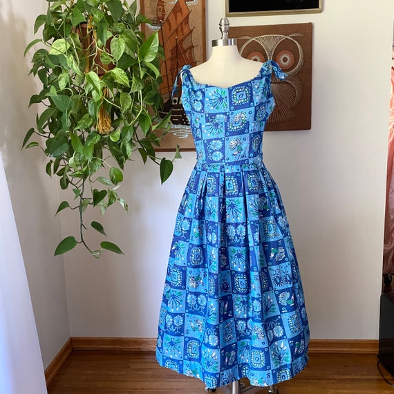 50s Vintage Unlabeled SHAHEEN Blue Hawaiian Fit a… - image 2