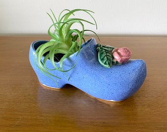 40s Vintage MCCOY Signed Blue Dutch Shoe Clog with Pink Flower Planter, Shoe Planter, Shoe Decor