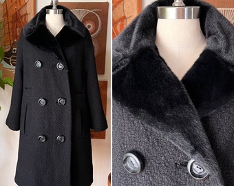 50s Vintage FINKER Black Faux Fur Lined Heavy Double Breasted Coat Size XL