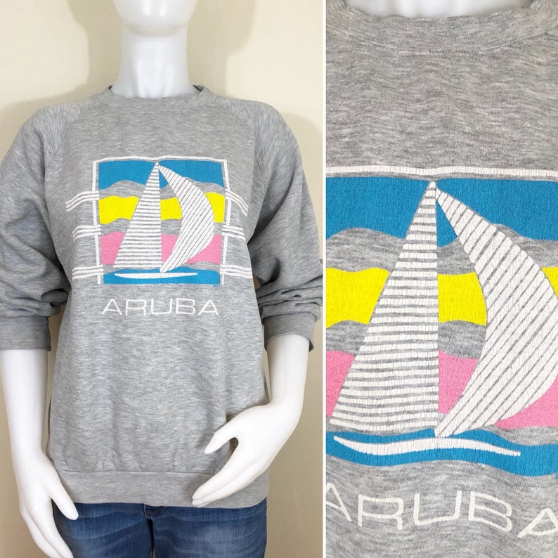 Size Large to XL 80s Aruba Sailboat Gray Heather Sweatshirt