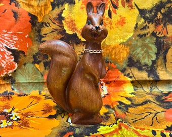 50s 60s Vintage Wood Carved Squirrel Figurine with Gold Chain and Green Gem Eyes
