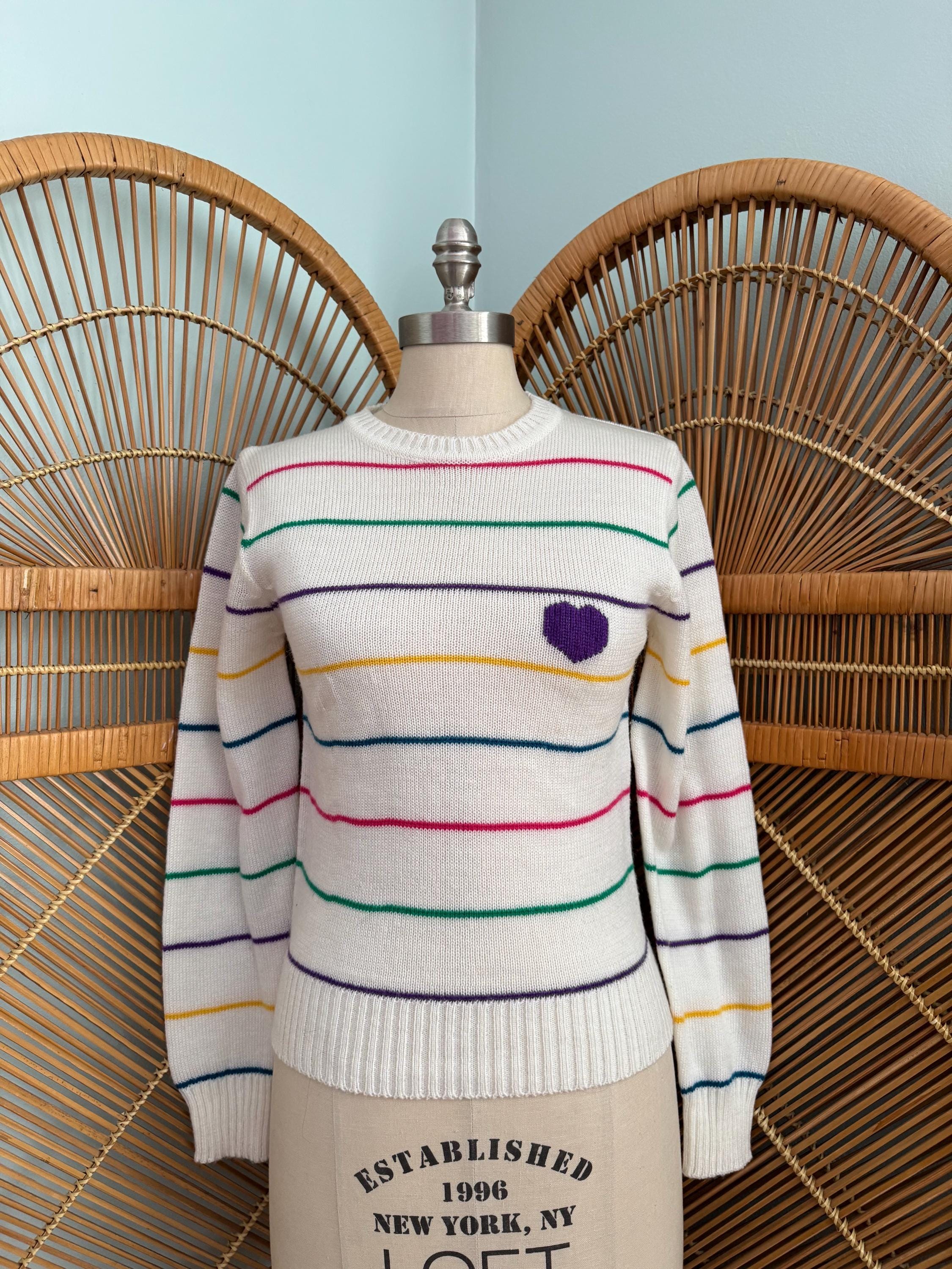 80s Vintage JF Adams White Rainbow Stripe with Heart Acrylic Crew Neck Sweater Size XS