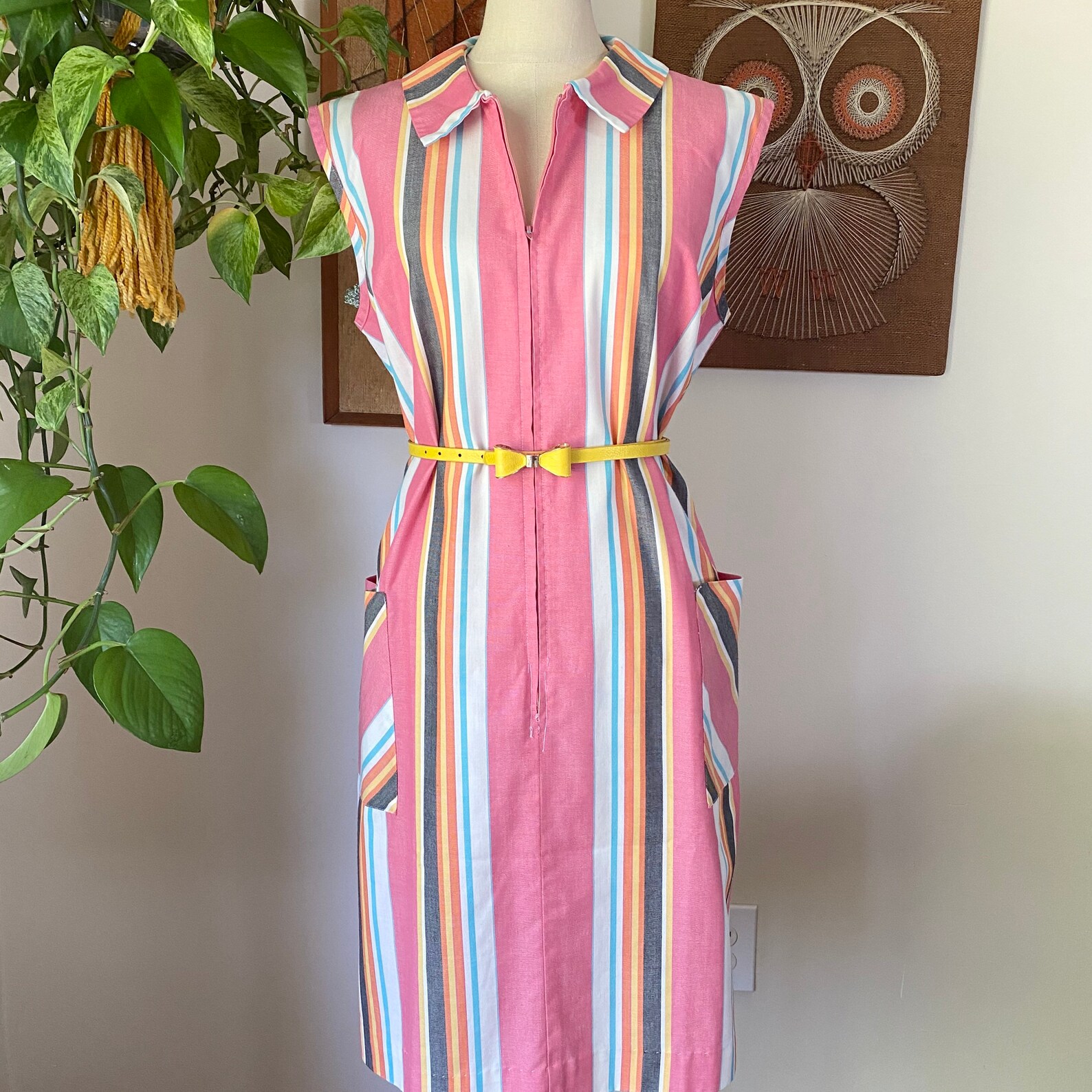 60s Vintage SKIMMA Pink and White Striped Zip up House Dress Etsy