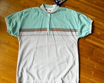 80s Le Coq Sportif Striped Polo Shirt Green Gray Size M/L NWT