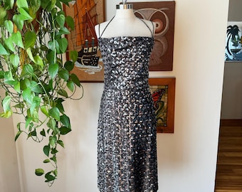 70s Vintage DISCO Silver and Gray Sequin Cocktail Dress Bombshell Pin Up Viva Las Vegas Burlesque Size Large