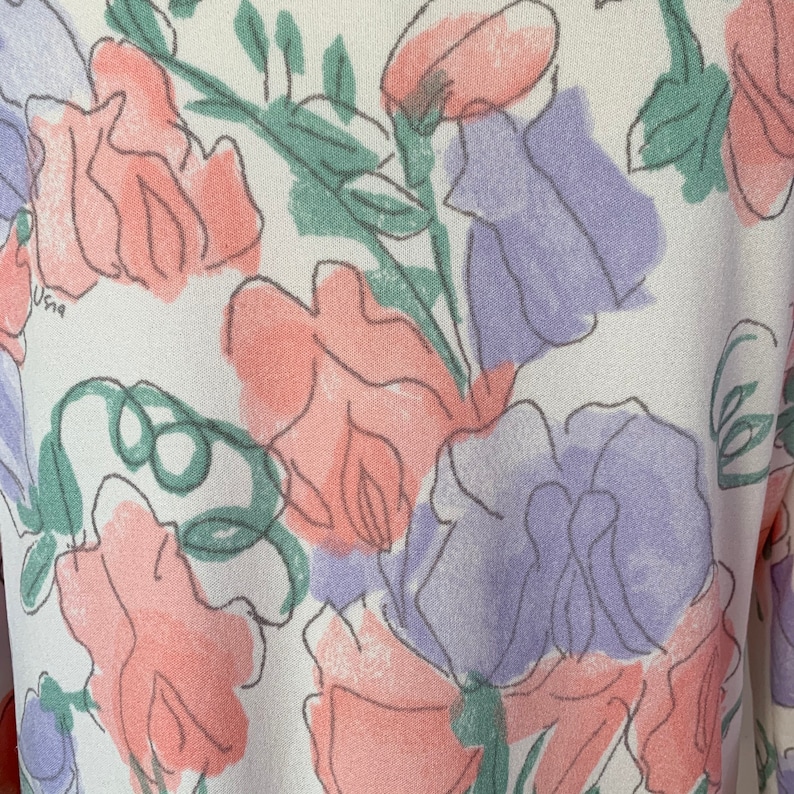 70s VERA NEUMANN White Pastel Floral Long Sleeve Top Size Medium to Large