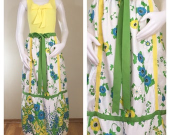 70s Mr. Hank White Green Floral Ribbon A-line Maxi Skirt, Size Small to Medium
