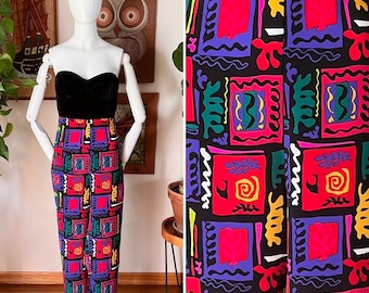 80s 90s Vintage CHAUS Matisse Multicolor Geometric Art Print Elastic Waist Pants, Size Medium