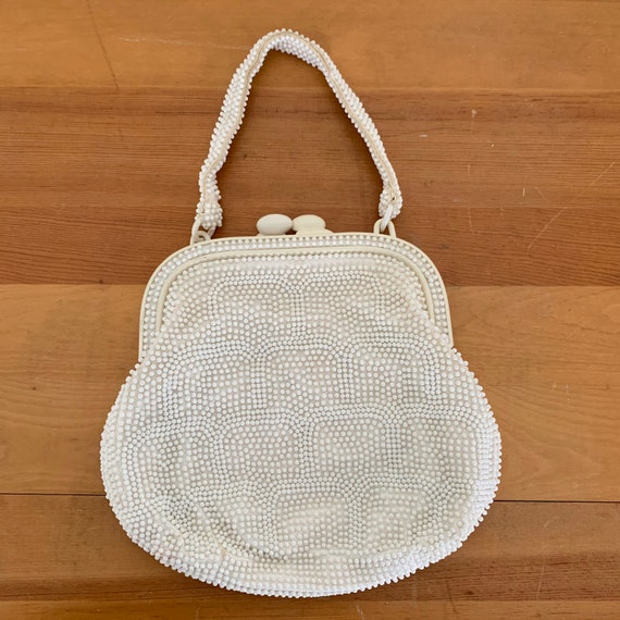 50s Vintage Marchioness White Bead Cream Purse Han