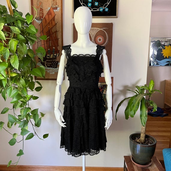50s Black Tiered Lace Cocktail Dress Ferman O'Grady XXS 50s Black Tiered Lace Cocktail Dress Ferman O'Grady XXS