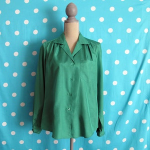 80s Shapely Green Silky Sexy Secretary Blouse, Size XL, Size 16 image 4