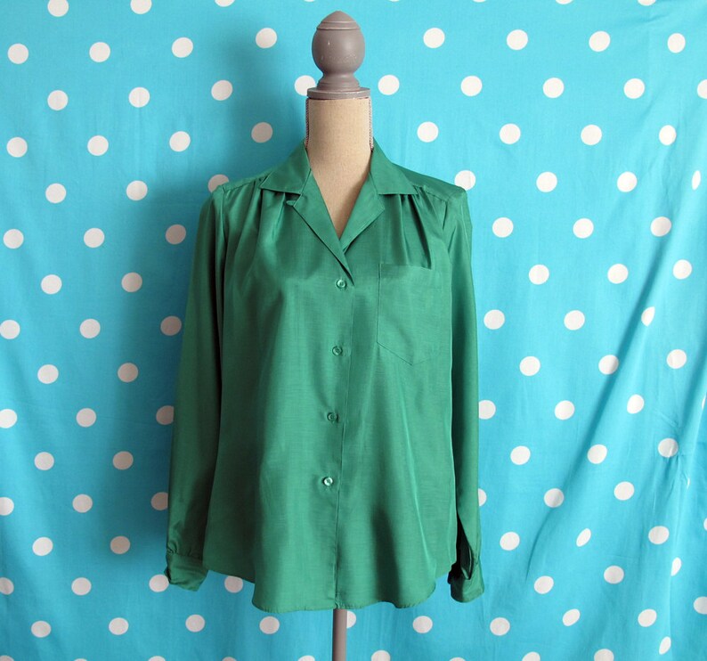 80s Shapely Green Silky Sexy Secretary Blouse, Size XL, Size 16 image 4