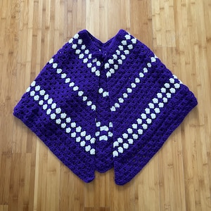 70s Vintage Handmade Purple and White Crochet Sweater Cape Size Small