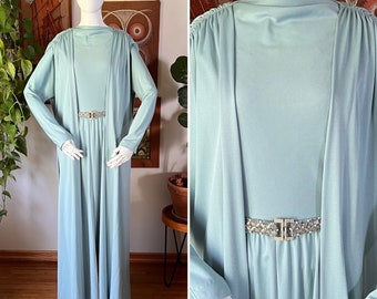 70s Vintage LEE JORDAN New York Pale Blue Long Sleeve Maxi Evening Dress with Matching Vest and Beaded Belt Medium Tall