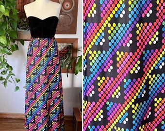 70s Vintage OP ART Black Rainbow Dot Print A-line Maxi Skirt, Size Medium