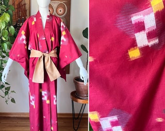 Vintage Dark Red and Yellow Geometric Checkerboard Print Kimono Robe, Up to Size Large