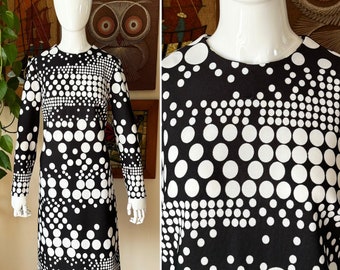 60s Vintage BLEEKER STREET MOD Black and White Polka Dot Long Sleeve Sheath Dress Size Medium