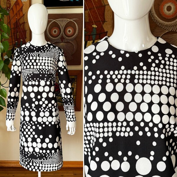 60s Vintage BLEEKER STREET MOD Black and White Polka Dot Long Sleeve Sheath Dress Size Medium