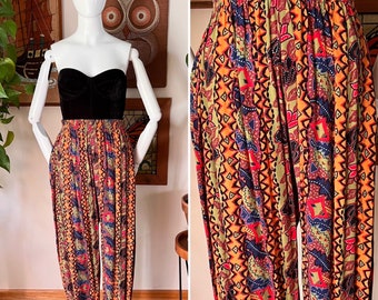 80s 90s Vintage PALMETTO'S Mustard Yellow Multicolor Boho Elastic Waist Harem Pants Size Small