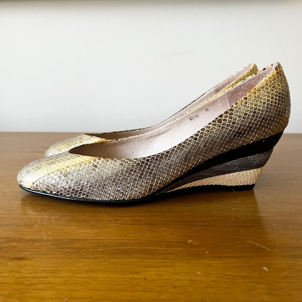 70s Vintage REPTILE Collection Multicolor Snake Skin Wedges Size 7-1/2 to 8