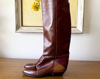 80s Vintage ENZO Angoliani Color Block Brown Dark Red and Tan Low Heel Wide Shaft Tall Boots Size 7-1/2 to 8