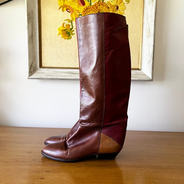 80s Vintage ENZO Angoliani Color Block Brown Dark Red and Tan Low Heel Wide Shaft Tall Boots Size 7-1/2 to 8