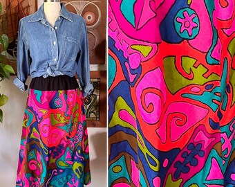 60s 70s Vintage Neon Multicolor Psychedelic A-line Skirt Size Medium to Large