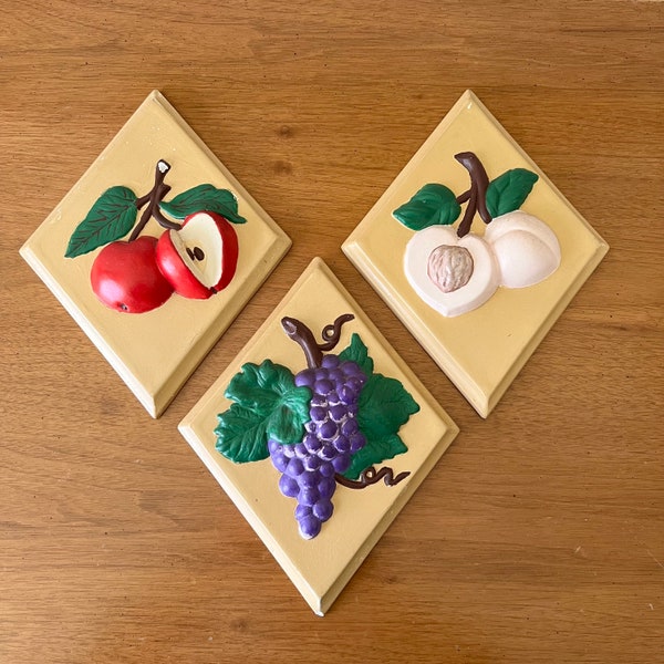 Vintage HOLLAND Mold Chalkware Fruit Plaque Wall Art, Grapes, Apples, Peaches, Set of 3