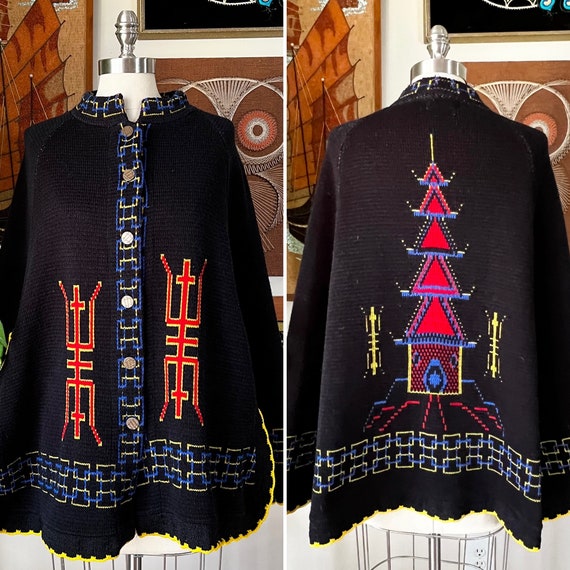 70s Vintage MONTGOMERY WARD Asian Temple Sweater … - image 1