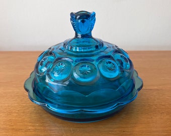 Vintage L.E. SMITH Moon and Stars Blue Glass Domed Covered Dish with Plate, Cheese Plate