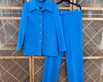 70s Vintage JACK WINTER Solid Blue Tunic Jacket and Pants Suit Matching Set Size Medium Leisure Suit