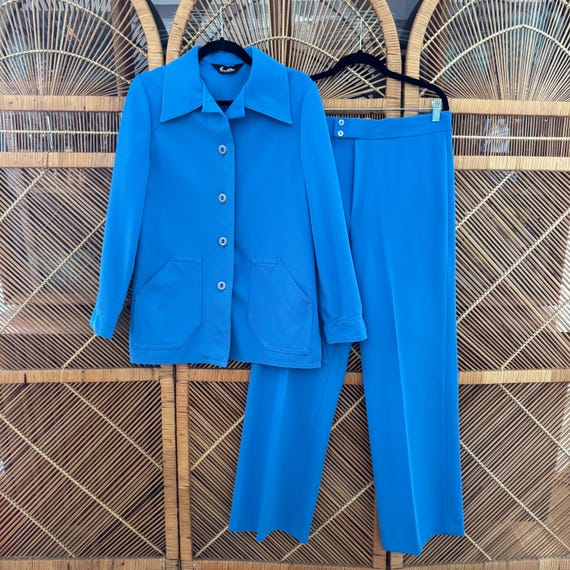 70s Vintage JACK WINTER Solid Blue Tunic Jacket and Pants Suit 