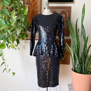 80s Vintage NITE LINE Black Sequin Long Sleeve Peplum Evening Dress Glam Disco Dress Size XS to Small