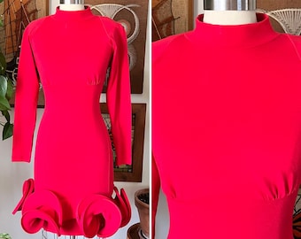 80s Vintage WESTON WEAR Rare Avant-Garde Red Mock Neck Dress with Curly Hem, Size XXS