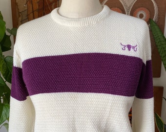 80s Vintage SERGIO VALENTE Embroidered Long Horn Logo Cream and Purple Striped Pullover Sweater, Size Small