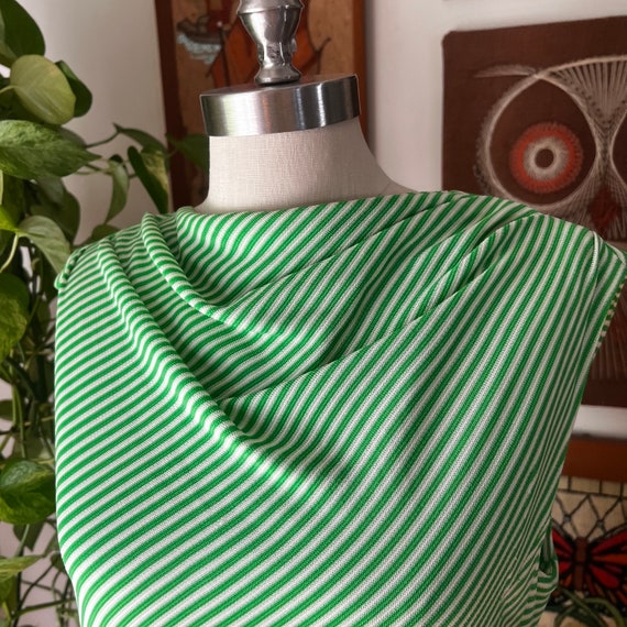 70s Vintage Green and White Striped Cowl Neck Dro… - image 3