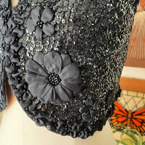 60s Vintage Black Sequin Beaded Floral Sweater Ve… - image 6