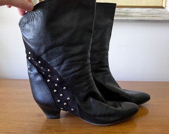 80s Vintage CHARLES DAVID Roberta Black Silver Studded Rocker Slouch Half Boots Size 8