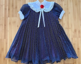 70s Vintage Navy and White Polka Dot Victorian Peter Pan Collar Accordion Pleat Party Dress, Girl Size 3T