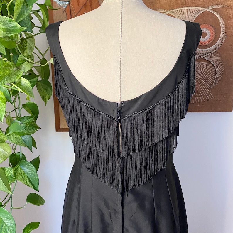 Size Large 50s Vintage Miami Casuals Black Fringed Bust Sleeveless Cocktail Wiggle Dress