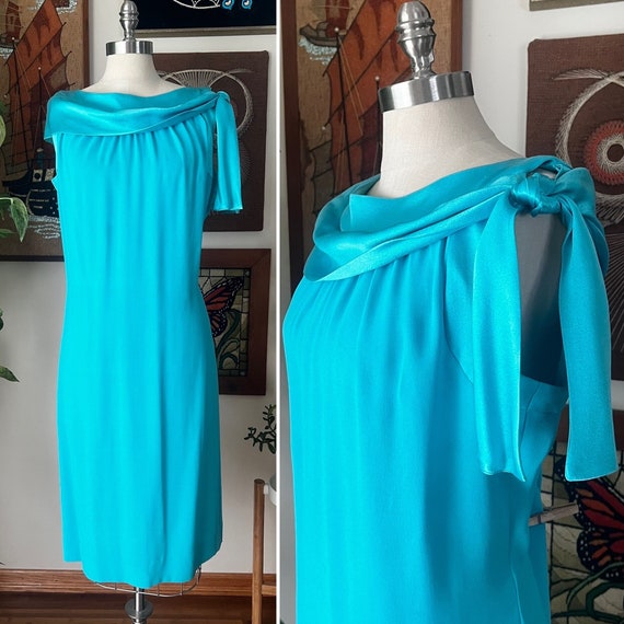 60s Vintage MOD Turquoise Cocktail Dress with Sati