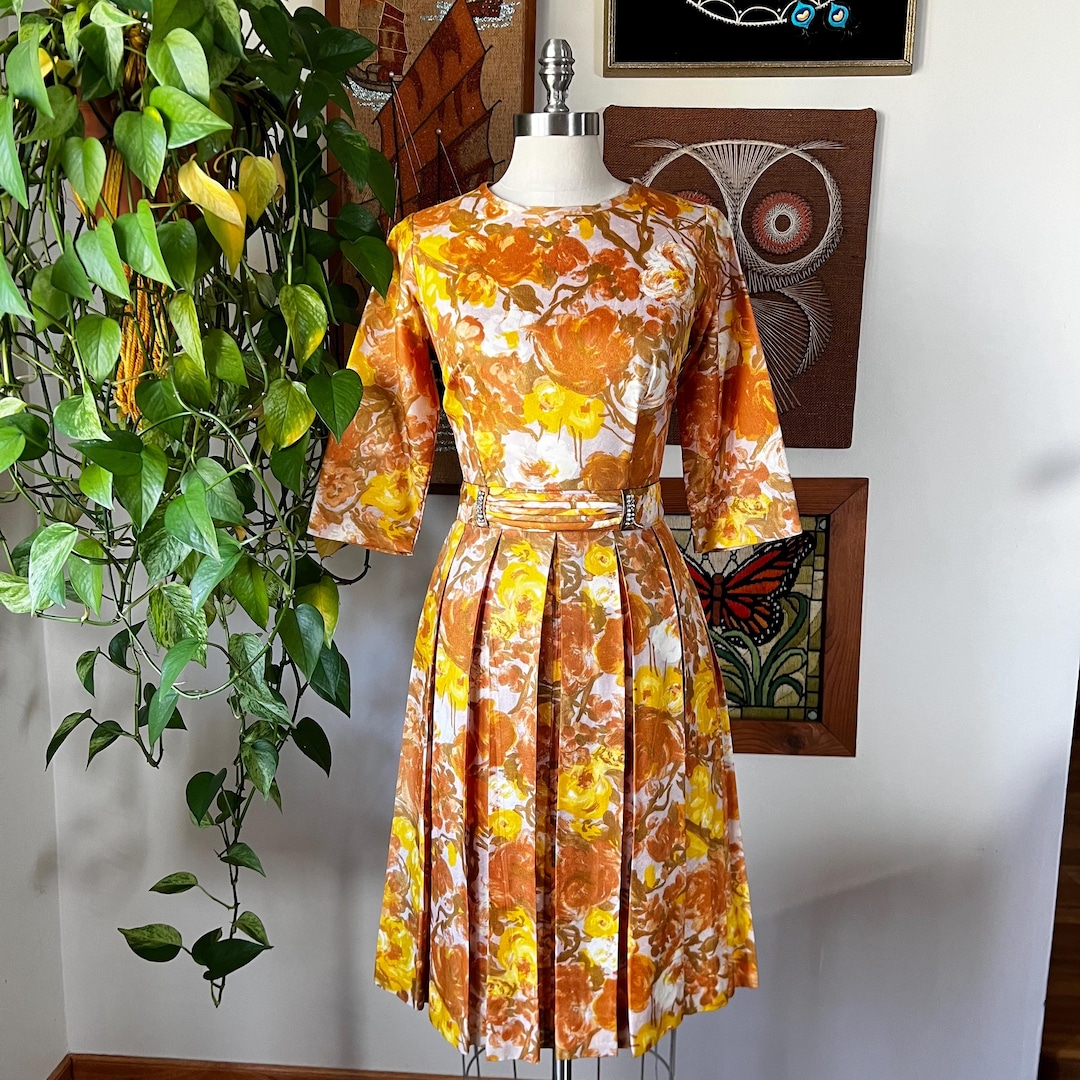 60’s Orange Floral Sleeveless Belted Dress main image 0